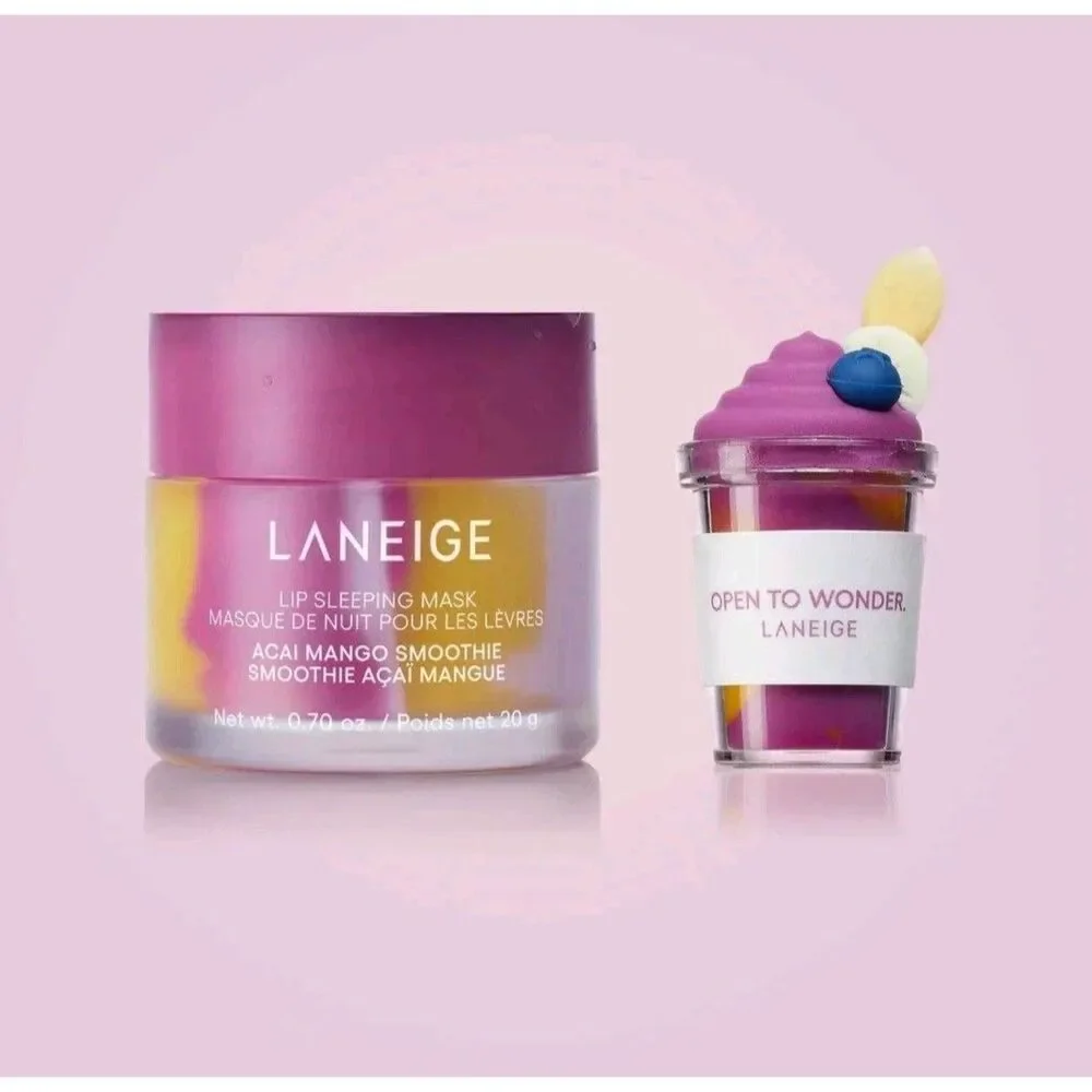 LANEIGE ACAI MANGO SMOOTHIE LIP SLEEP MASK WITH TOPPER & LIP GLOWIE BLAM NEW
